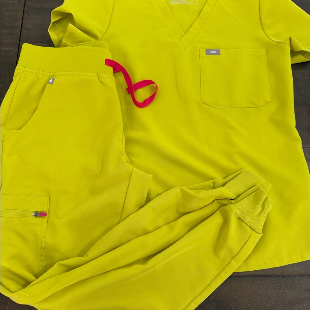 Figs Women's Scrub Set in Neon Yellow with Pink Drawstring